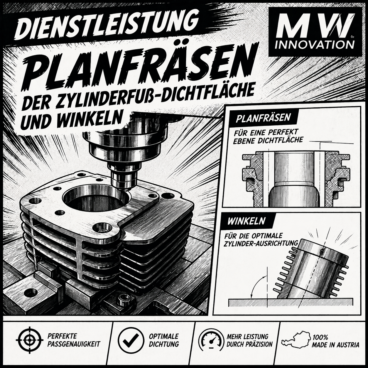 Planfräsen der Zylinderfuß-Dichtfläche und winkeln